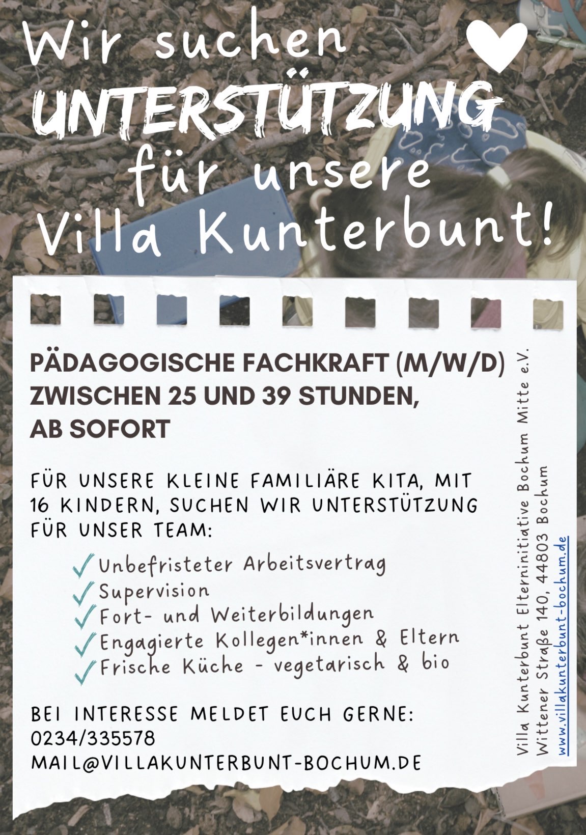 Ausschreibung pädagogische Fachkraft Villa Kunterbunt